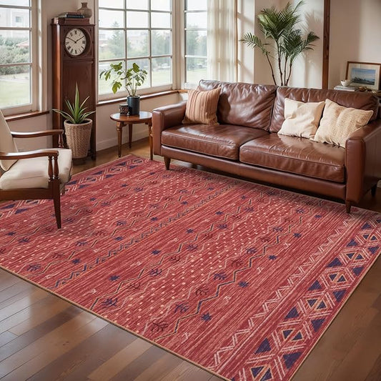 SERISSA 4x6 Area Rugs for Living Room, Washable Non-Slip Red 0chre Boho Rug, Soft Low-Pile Geometric Indoor Carpet for Dining Room Bedroom Home Office Nursery