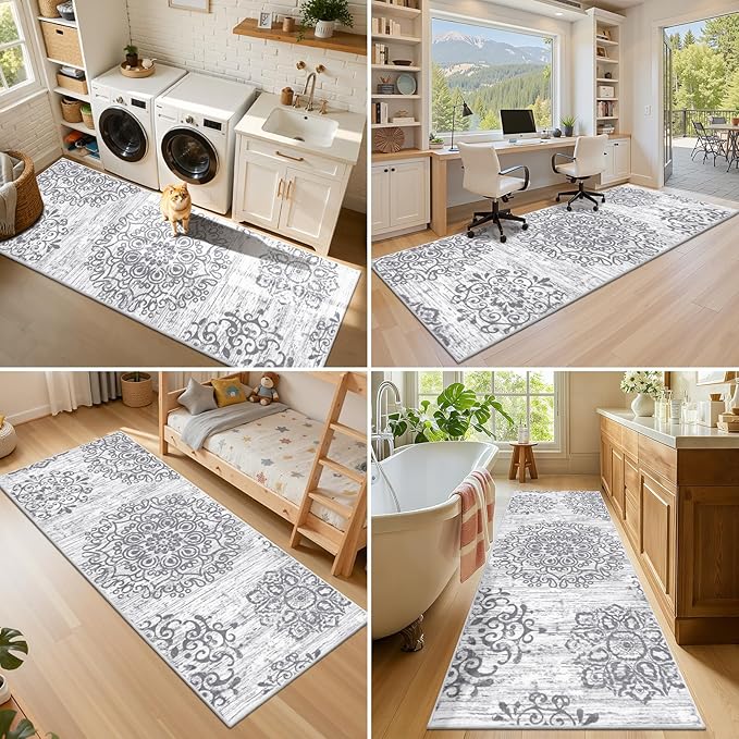 HEBE Hallway Runner Rug 3'x8' Washable Vintage Distressed Area Rugs Non Slip Laundry Rug Runner Boho Floor Carpet Runners for Hallways Entryway Laundry Room Kitchen Bathroom