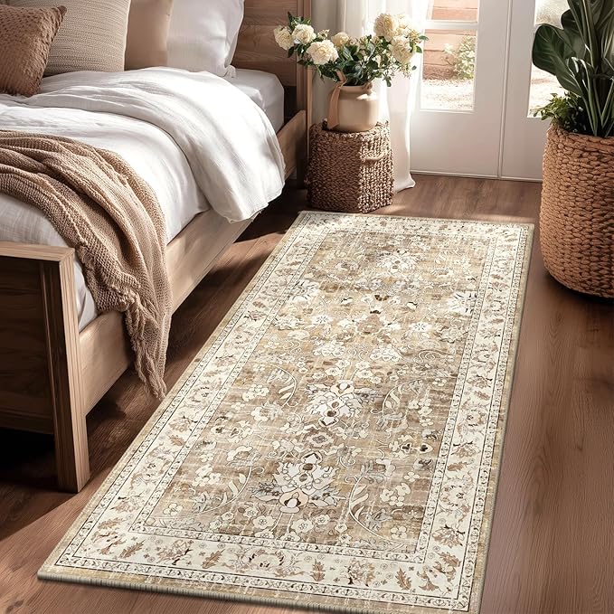 LOKHOM Washable Runner Rug, 3x6 Non-Slip Vintage Hallway Runner Rug with Rubber Backing, Boho Soft Distressed Kitchen Rugs Floor Carpet Runner for Kitchen Laundry Bedroom (Beige Brown)