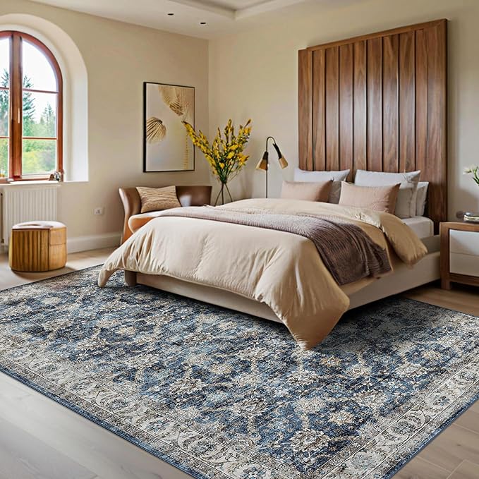 GarveeHome Extra Large Area Rug 10x13 Washable Bedroom Rug Non Slip Foldable Vintage Floral Print Throw Rug Thin Ultra Soft Distressed Carpet for Living Room Home Nursery, Blue