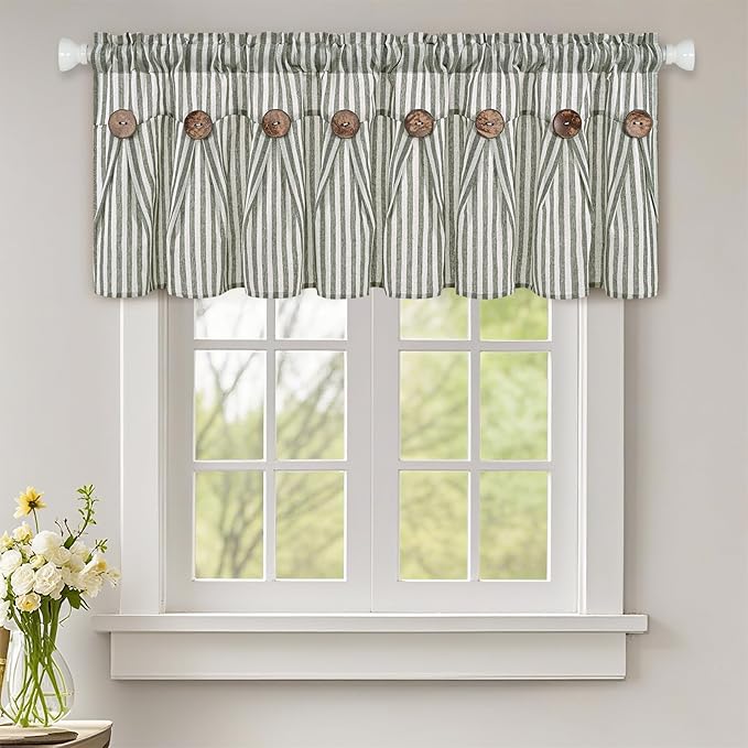ASPMIZ Farmhouse Valances for Windows, Cotton Linen Kitchen Curtains Valances with Rustic Buttons, Green Striped Window Valance for Living Room, Boho Valance Curtains for Bathroom, 52 x 18 Inches