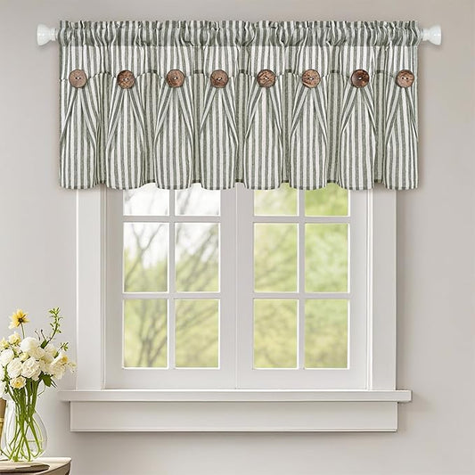 ASPMIZ Farmhouse Valances for Windows, Cotton Linen Kitchen Curtains Valances with Rustic Buttons, Green Striped Window Valance for Living Room, Boho Valance Curtains for Bathroom, 52 x 18 Inches