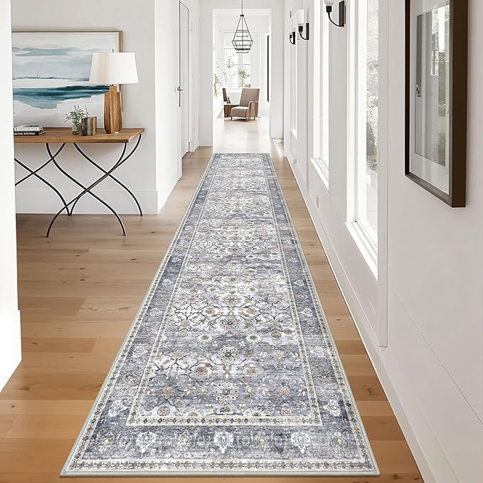 KUTA Vintage Long Runners for Hallways, 2.6x12 Grey Blue Washable Non-Slip Kitchen Rugs Ultra Thin Soft Printed Distressed Oriental Floral Floor Carpet for Laundry Bedroom Living Room Nursery