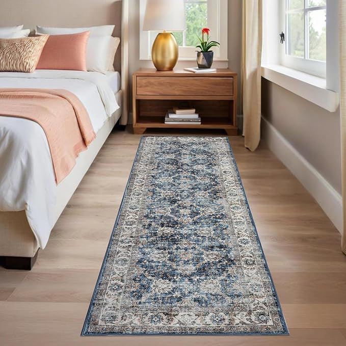 GarveeHome Washable Runner Rug 2x6 Vintage Carpet Runner with Non Slip Backing Foldable Non Shedding Retro Accent Rug Low Pile Distressed Throw Rug for Hallway Office Bedroom, Blue
