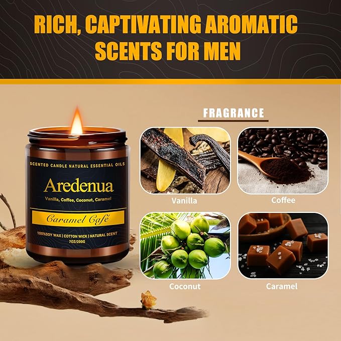 Caramel Coffee Candle – Soy Candle with Sweet Caramel & Rich Coffee Aroma, Long Lasting Scented Candle for Home, Kitchen, Lounge, Gift for Women & Men - 7oz Cafe Candles