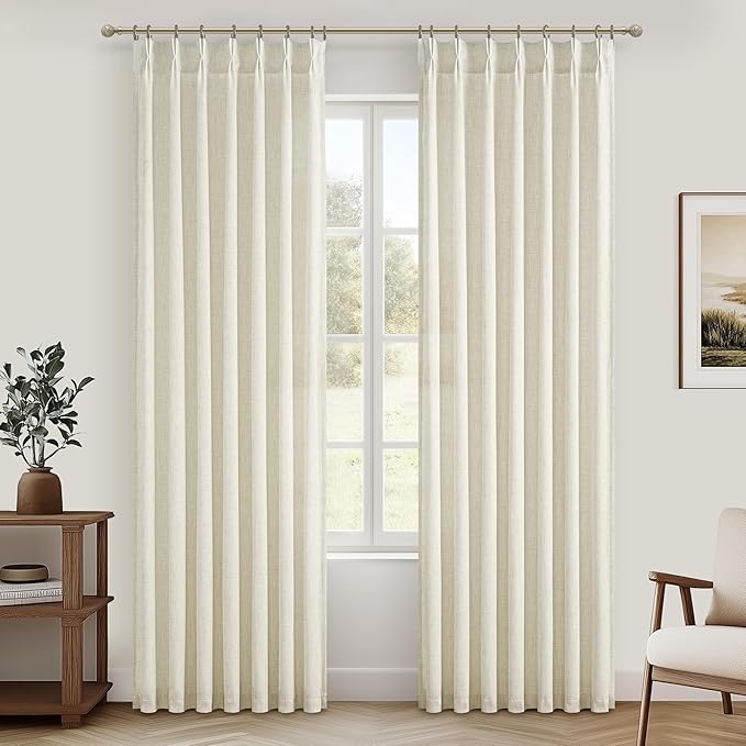Cream Beige Linen Sheer Curtains 90 Inches Long for Dining Room 2 Panels Set, Pinch Pleated Light Filtering Nursery Curtain with Back Tab Ceiling Track Thick Privacy Drapes for 40 x 90 Inch Windows