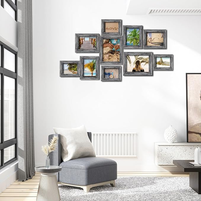 Picture Frame Set 10 pack, Farmhouse Photo Frames, Gallery Wall Frame Collage, 8x10 5x7 4x6 Frames in 3 Different Finishes Picture Frames For Wall or Desk,Rustic Black