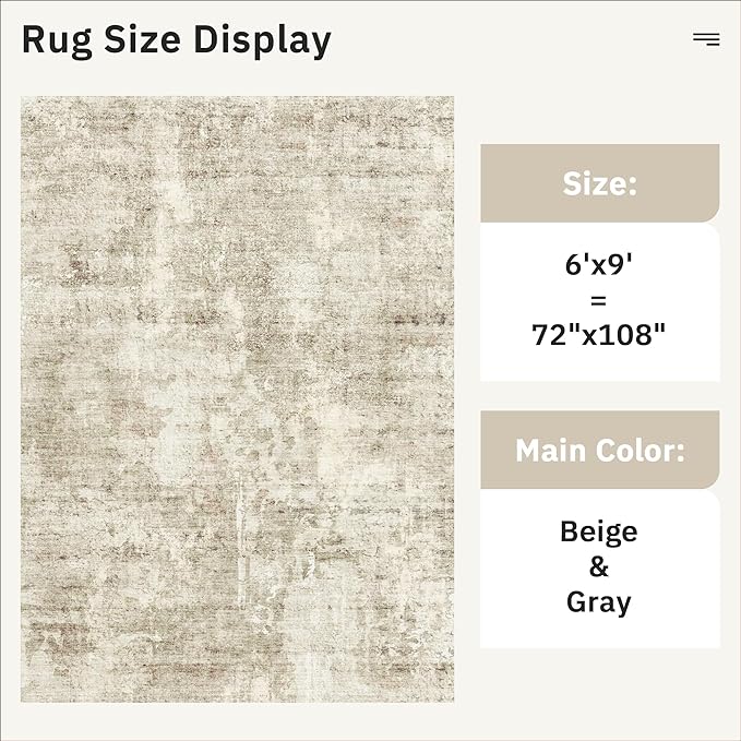 Soalmost 6x9 Abstract Area Rugs for Living Room 6 x 9 Washable Non Slip Low Pile Gray Rugs for Bedroom Dining Room Foldable Thin Beige Gray