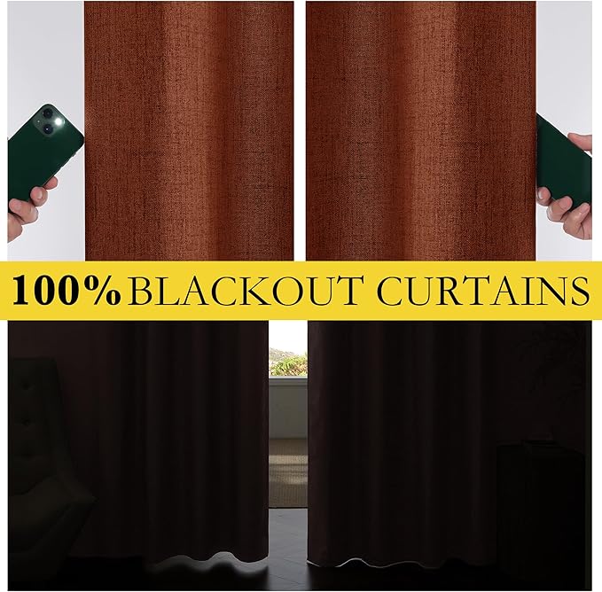 NICETOWN 100% Absolutely Blackout Linen Curtains with Thermal Insulated Liner, 52" Wide, 2 Panels, 95 inches Long Drapes, Grommet Retro Burnt Orange Linen Curtains Vertical Drapes Privacy for Bedroom