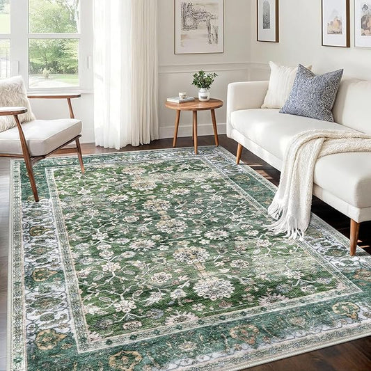 KUTA 5x7 Area Rugs, Vintage Green Washable Rugs for Living Room Ultra Thin Soft Non-Slip Printed Distressed Tribal Traditional Farmhouse Carpet for Bedroom Dining Room Dorm Office Home