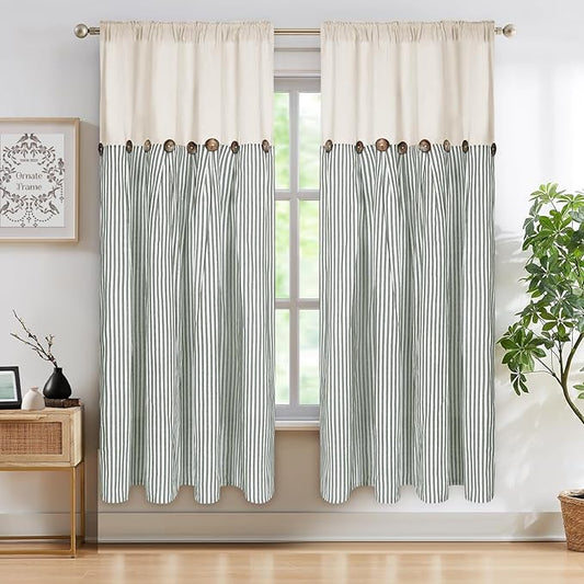 ASPMIZ Cotton Linen Farmhouse Curtains Boho Rustic Button Curtain, Linen Window Curtain Panels Green Stripe Country Curtains for Living Room Bedroom, Rod Pocket Window Drapes, 52 x 63 Inch, 2 Panels