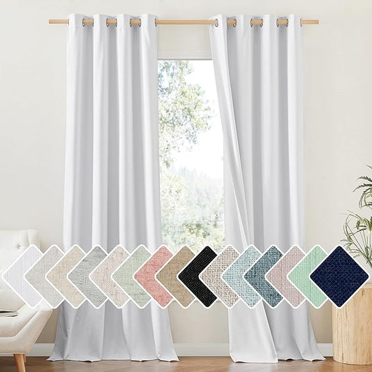 NICETOWN 100% Absolutely Blackout Linen Curtains with Thermal Insulated White Liner, White, 52 inches Wide, 120 inches Length Energy Saving Curtains for Living Room 2 Panels Set, Vertical Blinds