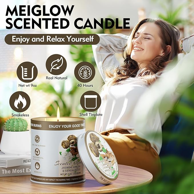 2 Pack Scented Candles (90 Total Burn Hours) - Soy Wax Candles 9 oz Each in Tin - Long Lasting Aromatherapy Candle Gift Set (Jasmine Musk Sandalwood)