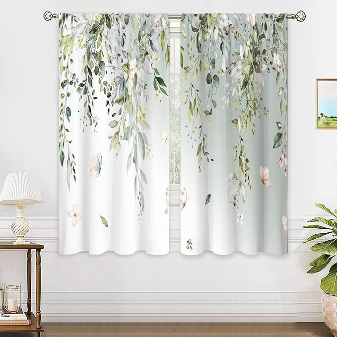 Sage Green Eucalyptus Botanical Leaves Floral Window Curtains Watercolor Flower Plant Wildflower Farmhouse Curtain Drapes Herb Plant Curtains for Bedroom Living Room Treatment 42Wx63H Inch