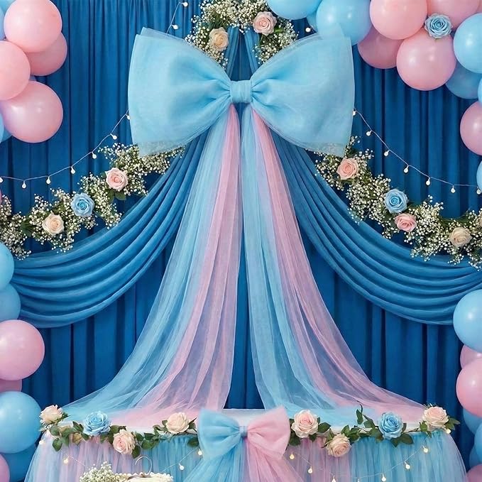 Canlierr Extra Large Pink and Blue Organza Bow Decorations 39 x 59 Inch Giant Pink Blue Tulle Bow with Tie and Long Ribbon Tails for Wedding Valentines Party Backdrop Coquette Room Wall Decoration