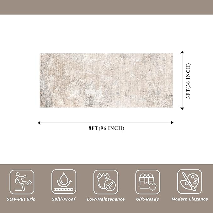 3x8 Washable Non-Slip Runner Rug – Modern Abstract Neutral Wide Carpet Runner for Kitchen, Hallway, Entryway, Bathroom, Bedroom – Low-Pile Thin Floor Mat with Rubber Backing (Beige Grey,3x8)