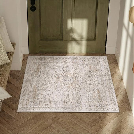 2x3 Washable Area Rug Beige Vintage Non Slip Soft Low Pile Small Rug for Entryway Kitchen Bathroom Distressed Oriental Throw Carpet for Living Room Bedroom Home Decor