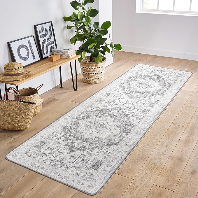 GENIMO Runner Rug for Hallways Machine Washable, 2x10 Non Slip Boho Vintage Lightweight Washable Runners, Thin Floor Rugs for Entryway Hallway Bathroom Laundry Room Corridor, Gray White
