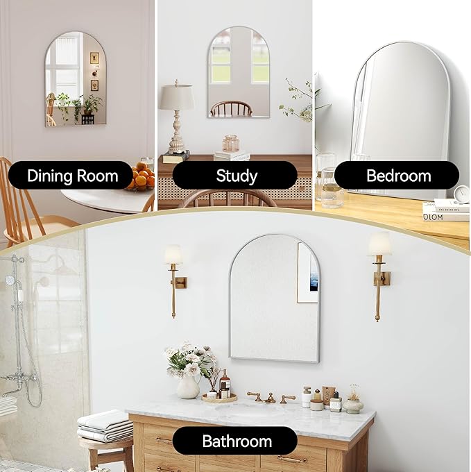 SCWF-GZ 30x20 Arch Mirror Rectangle Wall Mounted Hanging or Against Wall Aluminum Alloy Metal Frame Dressing Make-up Mirrors for Entryway Bedroom Bathroom Living Room 30 20 inch Silver