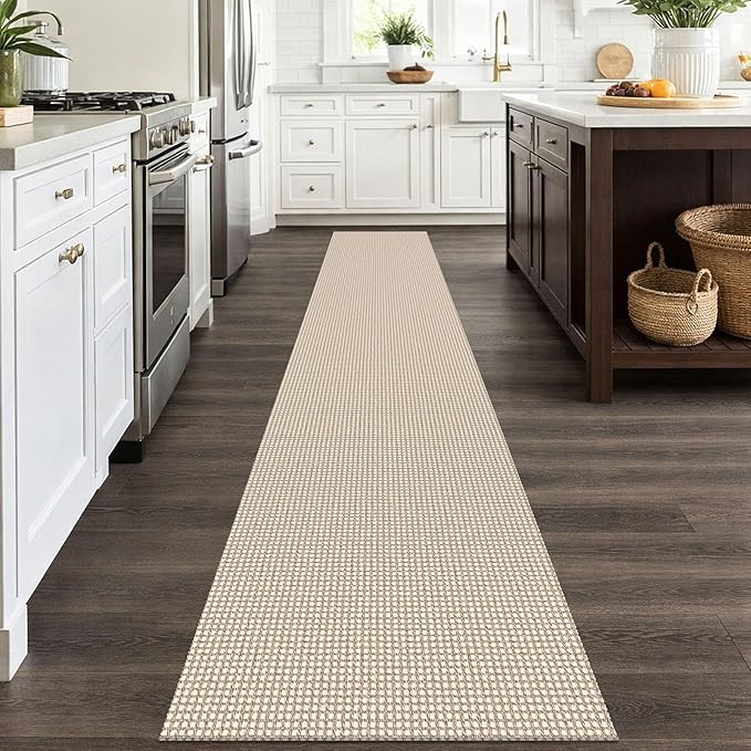 IOHOUZE Washable Runner Rug 2x12 Non Slip Rubber Backed Extra Long Hallway Runner Entryway Runner Indoor, Kitchen Rugs Woven Cotton Floor Carpet for Hall Entrance, Beige/Khaki