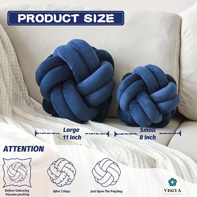 Knot Pillow Ball, Soft Home Decorative Throw Pillows Cushion, Round Changeability Knotted Pillows, Modern Home Handmade Cushions for Bedroom, Sofa, Couch (8 Inch, Navy)
