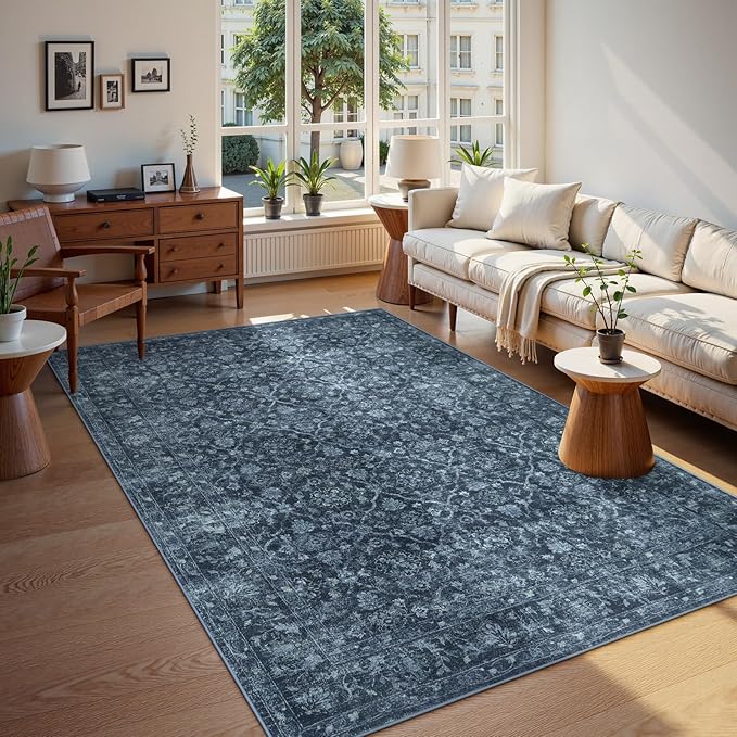 Hedlive Vintage Navy Blue Rugs for Bedroom, Washable Moroccan 5x7 Rug for Living Room Non Slip, Stain Resistant Boho Dining Room Rug for High Traffic Area (5'x7', Blue)