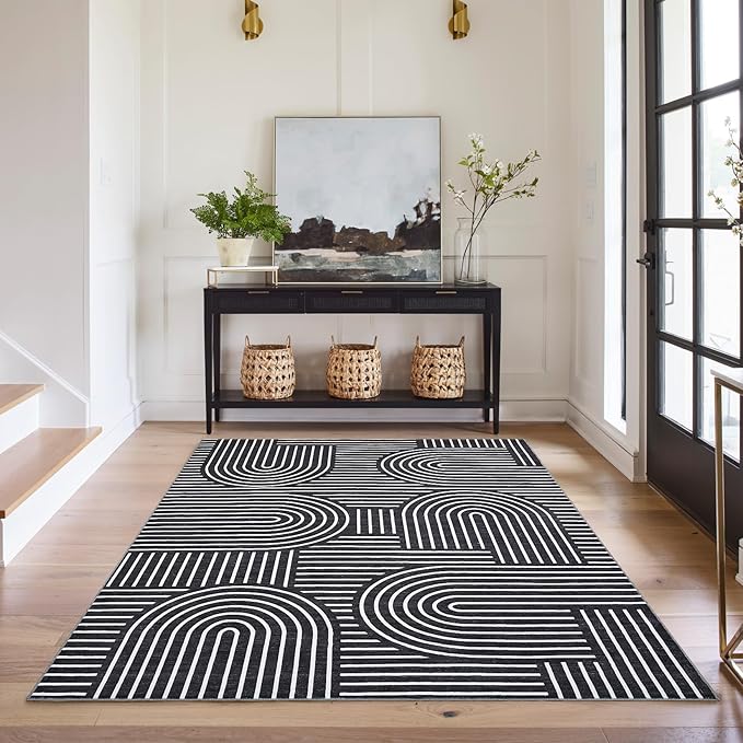 ROYHOME Washable Rug 4x6 Area Rugs for Living Room, Abstract Rug for Bedroom, Soft Rainbow Non Slip Throw Rugs with Rubber Back, Low Pile Stain Resistant Boho Geometric Carpet for Dining Room, Black