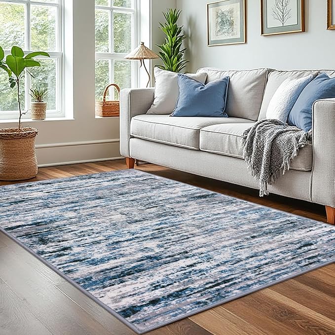 Lansny Modern Abstract 4x6 Living Room Washable Rug Non-Slip Soft Bedroom Area Rug Grey Blue White Thin Print Faux Wool Floor Carpet Throw Rugs for Nursery Playroom Dining Room Indoor Home Decor