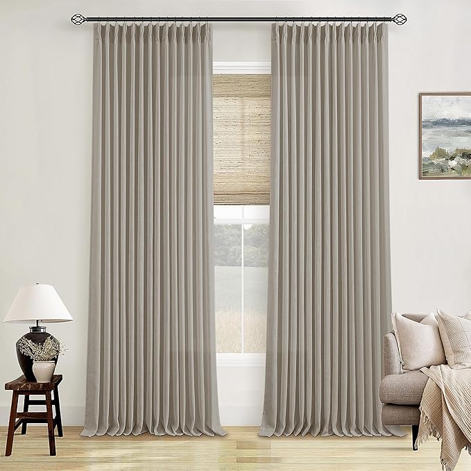 Burlywood Birch Pinch Pleated Linen Curtains 105 Inches Long for Living Room Bedroom 2 Panels Set Greyish Beige Flax Double Pleated Drapes Back Tab Farmhouse Ceiling Floor 105 Inch Window Curtains