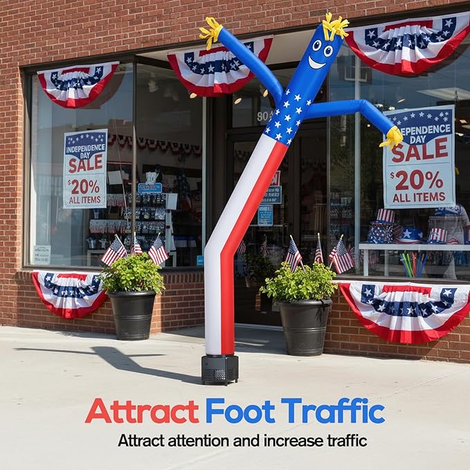 6ft American Flag Air Tube Dancer Inflatable Waving Tube Man with Lights & Built-in Blower - Wacky Waving Dancing Guy Set for Business Promotion