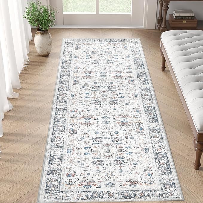 jinchan Runner Rug 2x5 - Hallway Rug Kitchen Washable Runner Vintage Floral Boho Lightweight Thin Non-Slip Retro Distressed Carpet for Entryway Bathroom Bedroom Laundry Room Grey Multi