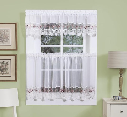 Today's Curtain, Vintage Macramé Organza Tier 36", White/Rose, 58" W x 36" L