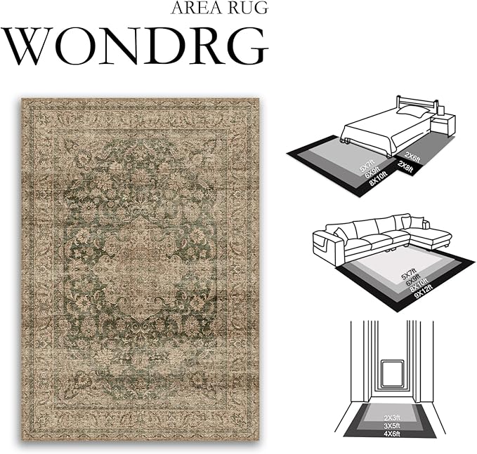 2x8 Washable Runner Rug Green Brown Vintage Non Slip Soft Low Pile Hallway Kitchen Rug Distressed Oriental Carpet for Laundry Bathroom Bedroom Living Room Home Decor