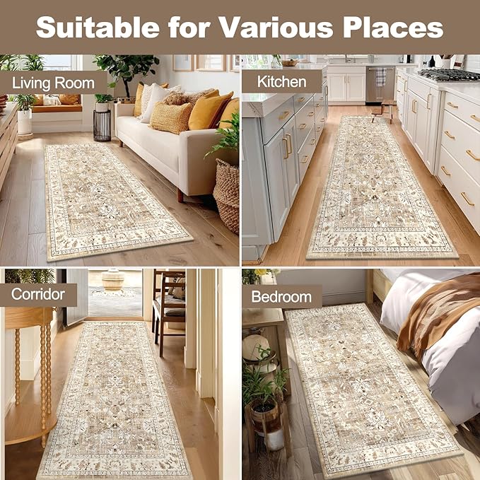 LOKHOM Washable Runner Rug, 3x8 Non-Slip Vintage Hallway Runner Rug with Rubber Backing, Boho Floral Soft Distressed Kitchen Rugs Floor Carpet Runner for Laundry Entrance Bedroom (Beige Brown)