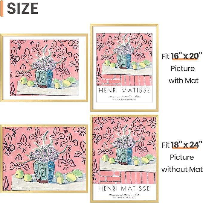 upsimples 18x24 Picture Frame, Display Pictures 16x20 with Mat or 18 x 24 Without, Wall Hanging Poster Frames, Gold, 1 Pack