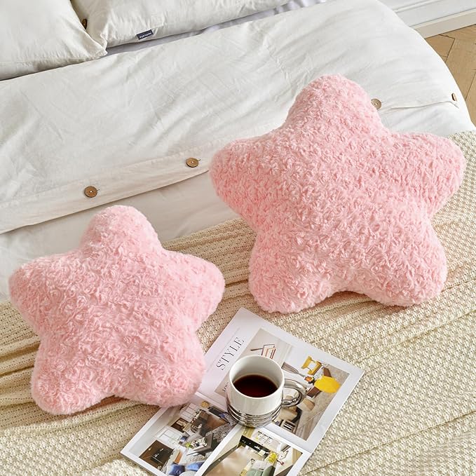 Star Pillow, 14.9" Star Shaped Plush Pillow for Couch Bed Sofa, Cute Decorative Throw Pillows with Soft Faux Fur Room Decor for Bedroom Living Room (Pink)