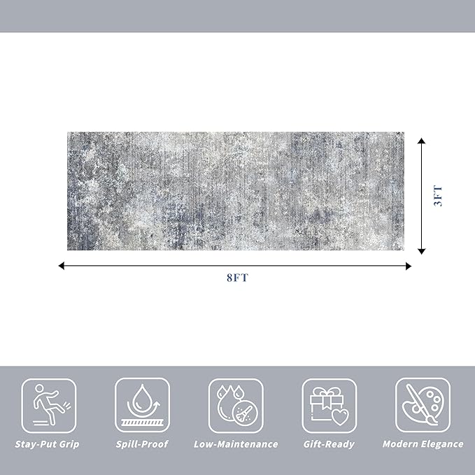 3x8 Washable Hallway Runner – Non-Slip Abstract Modern Neutral Wide Carpet Runner for Kitchen Floor, Entryway, Bedroom, Living Room – Soft Low-Pile Thin Rubber Backing（Blue Gray,3x8）