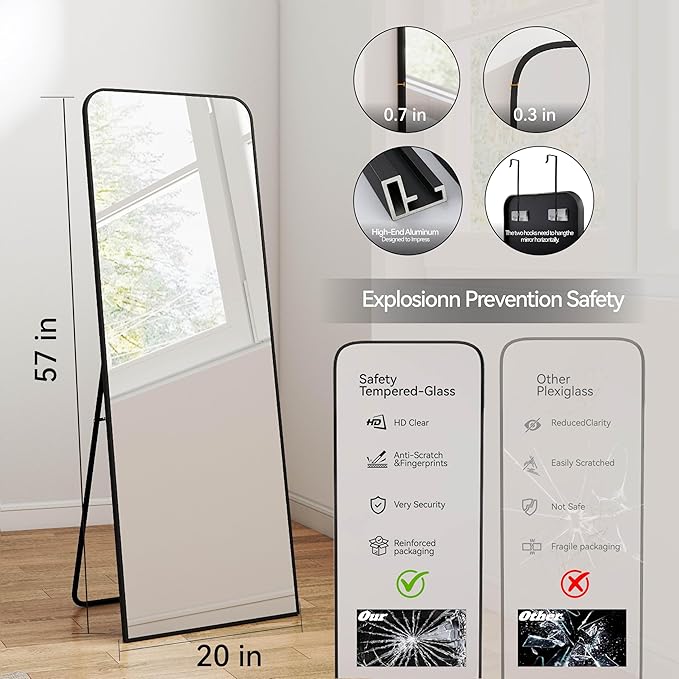 SCWF-GZ 57x20 Door Hanging Full Length Mirror, Floor (Height 5.7ft just Body in 1.3ft) or Wall Mounted Metal Frame Rectangle Dressing Mirrors for Bedroom Bathroom Living Room 57 inch Black