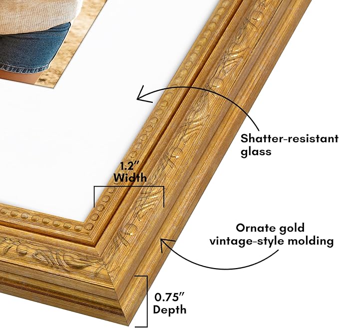 Americanflat 11x14 Picture Frame with Shatter-Resistant Glass - Use as 8x10 Frame with Mat or Display 11x14 Photo Without Mat - Ornate Picture Frames for Wall Display - Gold