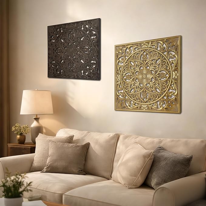 XIAOAIKA Boho Carved Wood Wall Sculpture, Intricate Floral Mandala Design with Distressed Gold Finish, Vintage Farmhouse Wall Art Panel with Solid Wood Frame for Bedroom Entryway (22" x 22")
