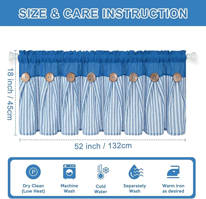 ASPMIZ Farmhouse Cotton Linen Valances for Windows, Boho Kitchen Curtains Valances with Rustic Button, Lake Blue Striped Window Treatments Curtain Valance for Bathroom Cafe, 52 x 18 Inch, 1 Pannel