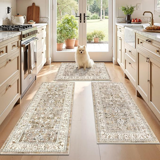 LOKHOM Washable Kitchen Rugs Sets of 3, Non Slip Floral Kitchen Mats for Floor with Rubber Backing, Boho Carpet Runner for Hallways Entryway Laundry Sink (2x3+2x4+2x5, Beige Brown)