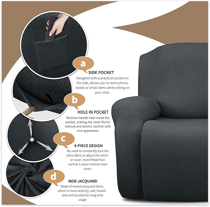 JIVINER Loveseat Recliner Covers 6-Piece Stretch Jacquard Recliner Sofa Slipcover 2 Seater Washable Reclining Couch Cover with Pocket Fitted Furniture Protector Cover (Loveseat Recliner, Dark Gray)