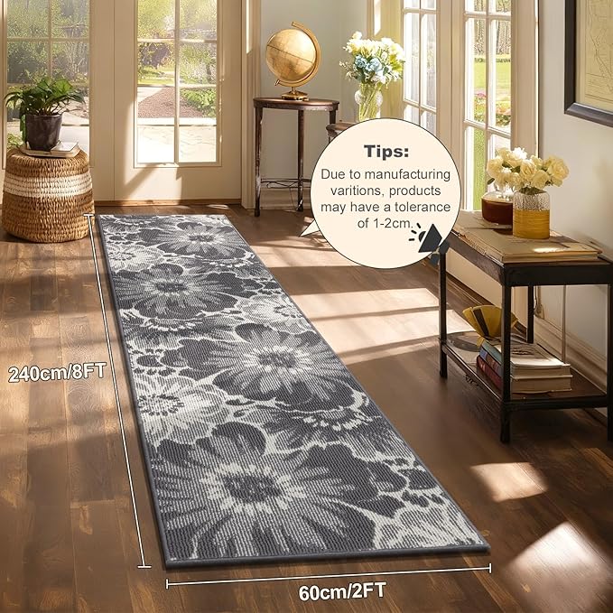 Findosom Hallway Runner Rug 2x8, Non Slip High-Low Textured Floral Washable Runner Rug with Rubber Backing, Boho Carpet Runner for Kitchen, Entryway, Bedroom, Laundry, Gray