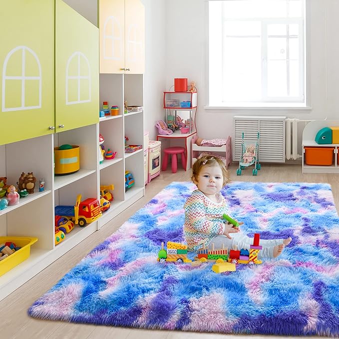 Noahas Fluffy 4x6 Area Rugs for Living Room,Tie-Dyed Blue and Purple Rugs for Bedroom,Thick Shag Throw Floor Carpet,Soft Shaggy Bedside Non-Slip Plush Dorm Nursery Kids Rug Home Decor Aesthetic