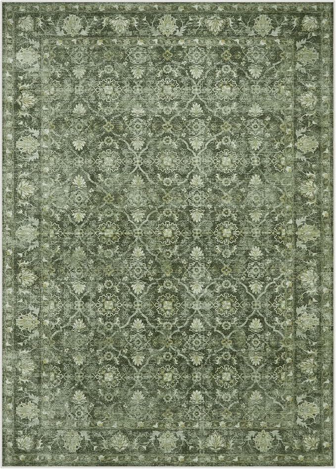 Hedlive 5x7 Area Rugs for Bedroom, Washable Green Living Room Rug Non Slip, Soft Low Pile Moroccan Rug, Boho Emerald Carpet for Dining Guest Room Office Playroom Nursery (5'x7', Dark Green)