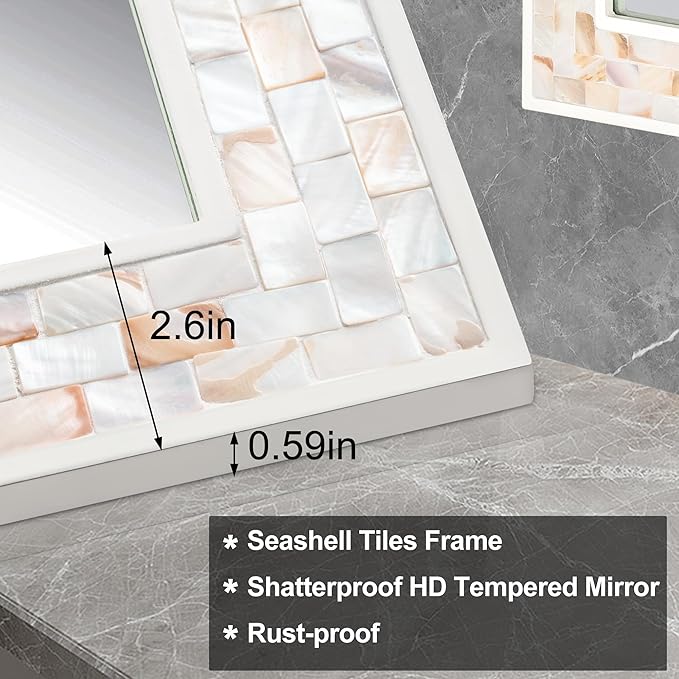 Tanmicoshomy 24 x 47 Inch White Rectangle Wall Mirror, Natual Shell Framed Rectangle Bathroom Mirrors with Tempered Glass for Bedroom Living Room or Entryway, Horizontal or Vertical Hanging