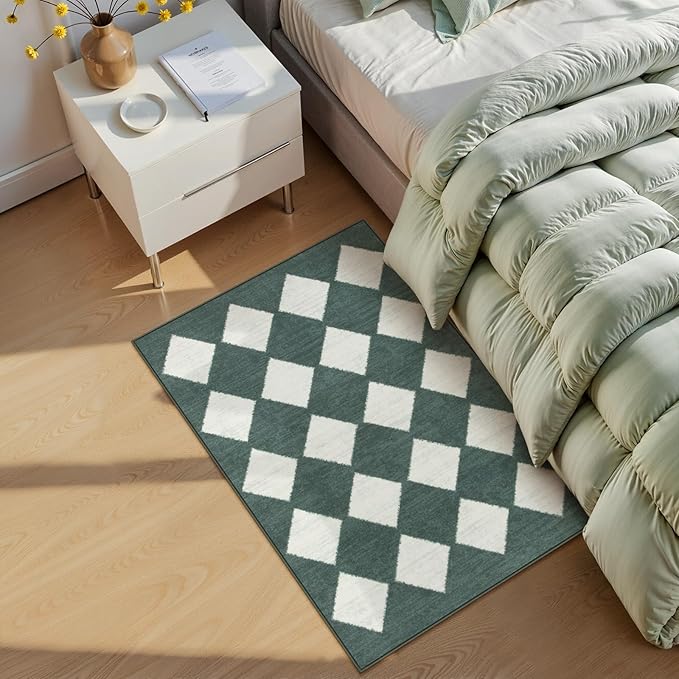 Lahome Zelie Checkered Washable 2x3 Green Kitchen Rugs Non Slip, Small Printed Indoor Door Mat for Entryway, Moroccan Trellis Ultra-Thin Throw Carpet for Bedroom Entrance Decor (2'x3',Dark Green)