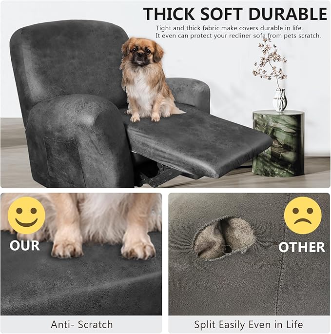 ANARACHON Leather Like Recliner Chair Covers Heavy Duty, 4 Pieces Recliner Cover for Recliner Chair, Leather Cover for Recliner slipcovers Washable for Pets (Light Grey 2)