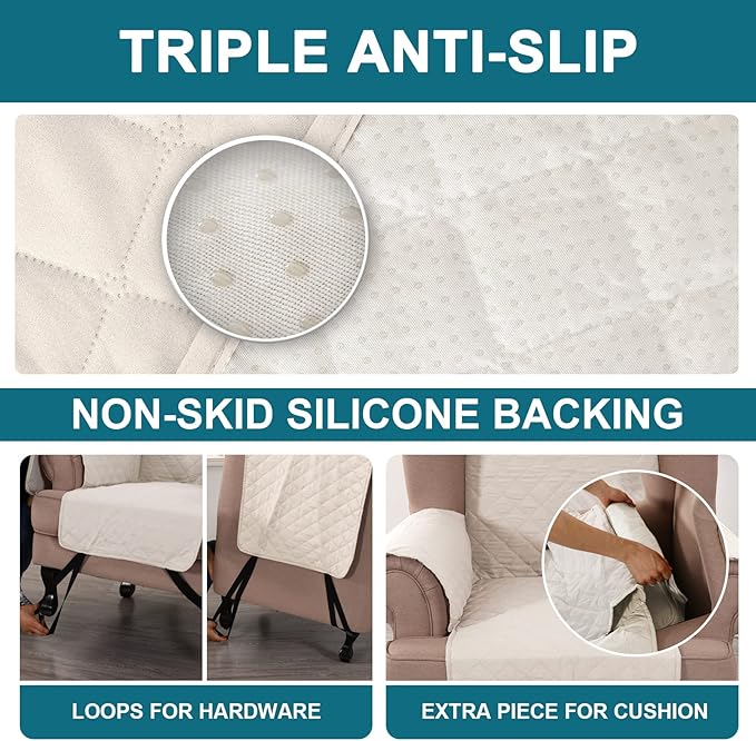 Turquoize 100% Waterproof Wing Chair Cover Wing Armchair Slipcovers Chair Couch Protector Triple Non-Slip Sofa Slipcover for Wing Chair Furniture Protector for Pets, Kids,Dog (Wing Chair, Ivory)